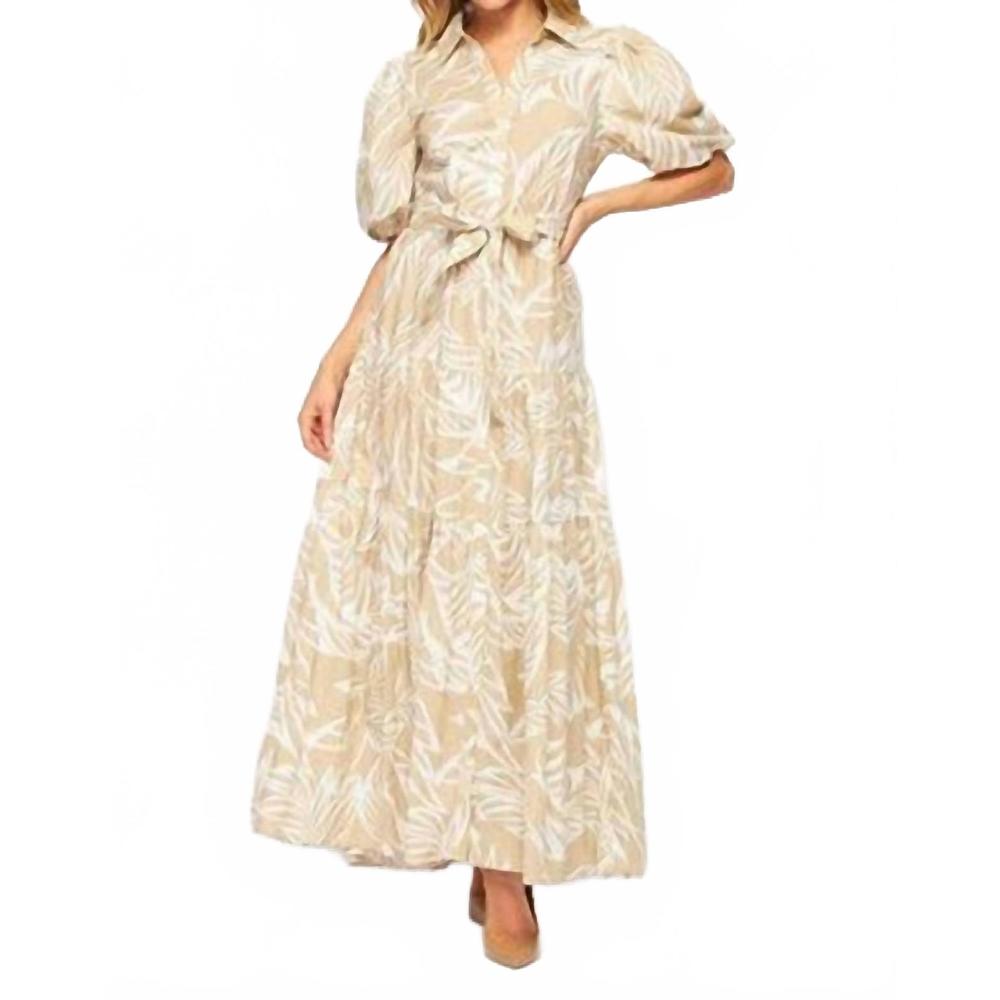NEW BIG HIT FASHION woven palm print bubble sleeve maxi dress in taupe